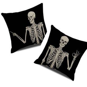 Brand New Halloween Skeleton Pillow Covers 18”x18” w zipper Black White Spooky